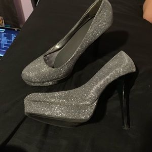 WORN ONCE!! Black and silver glitter heels